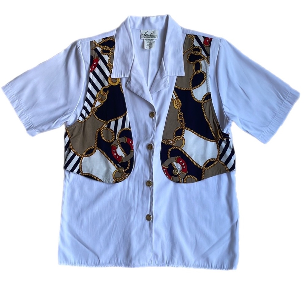 Vintage Fisherman Nautical Button Front Blouse